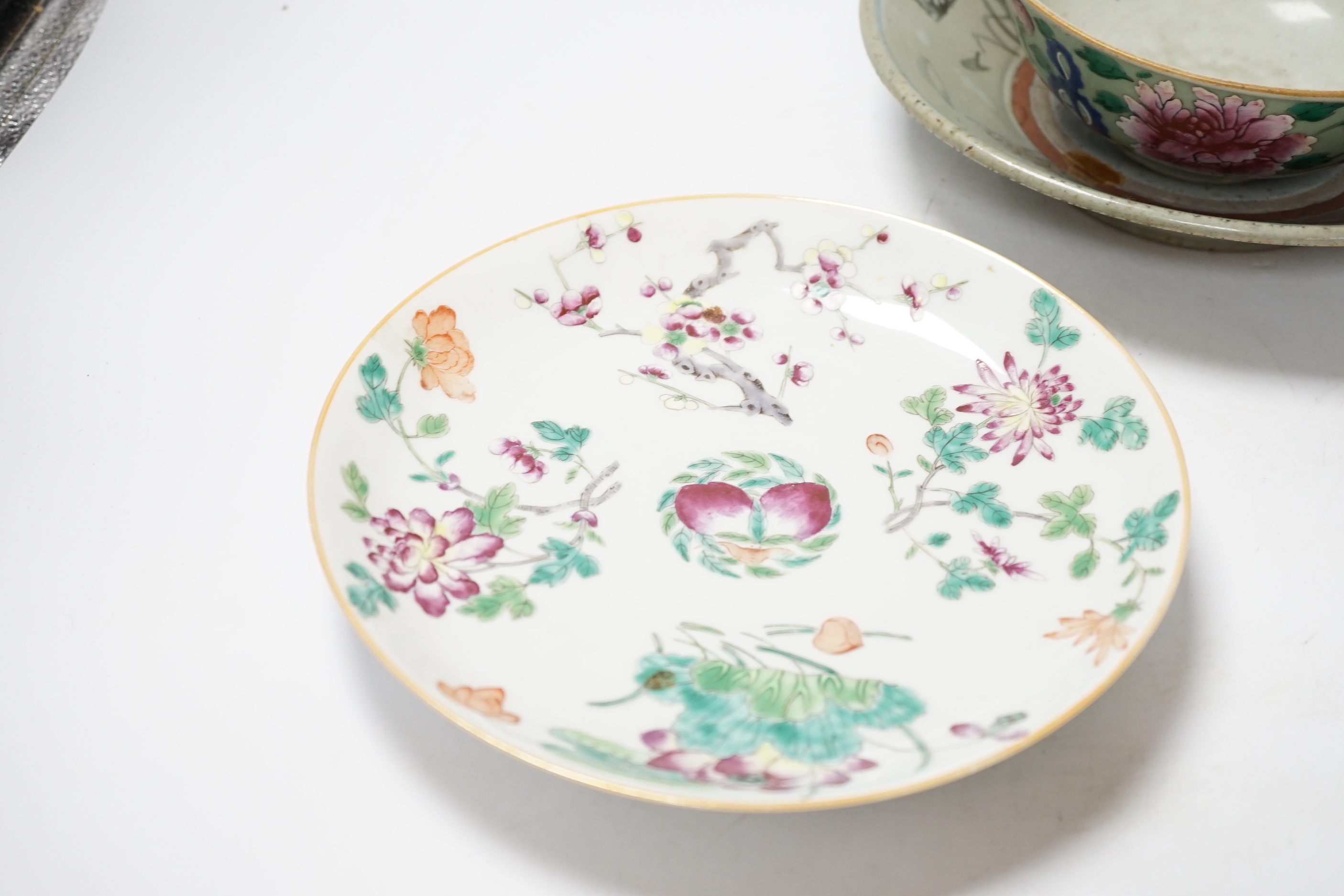 A Chinese famille rose dish, 23cm two similar bowls and a ‘kitchen Qing’ dish, all late 19th/early 20th century (4)